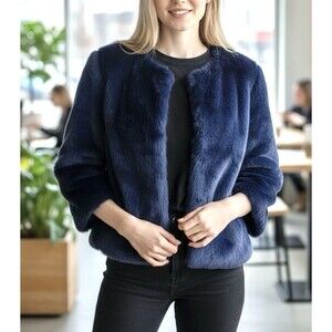CARA NEW YORK Faux Fur Coat Blue Lined 3/4 Sleeves Front Pockets